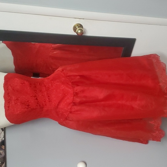 DAZZLING RED FIT N FLARE GOWN STRAPLESS LACE OVERLAY FULL ZIP BACK EMBROIDERED - Picture 5 of 16